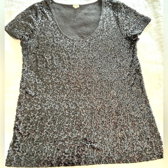 J.Crew Factory Top Black Sequin Short Sleeve Tee Sparkle Glitter size Large - Picture 12 of 16
